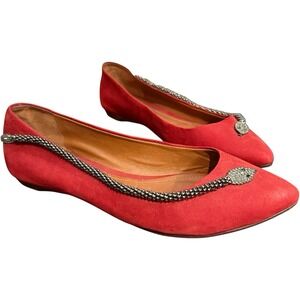 Schutz Simone Red Nubuck Ballet Flats –‎ Jeweled Snake Embellishment, Size 6B